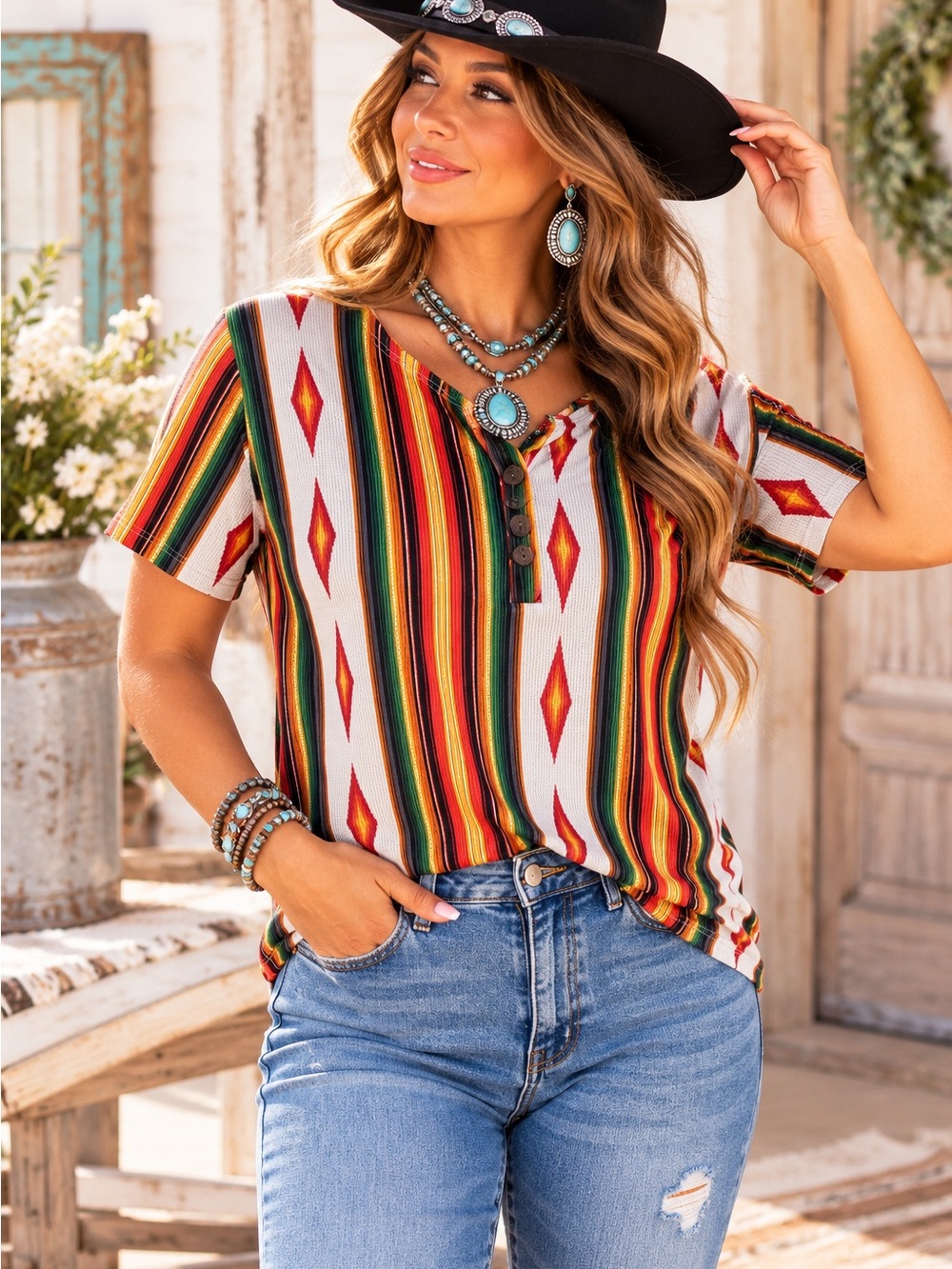 Lucky & Blessed Multi-Color Southwestern Stripe Top - NWT - Size S